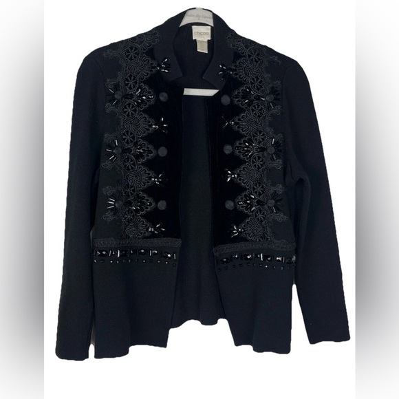 Chicos‎ Embellished Tonal Cardigan Knit Velvet Trim Beaded Black Womens 1P/M - Picture 2 of 9